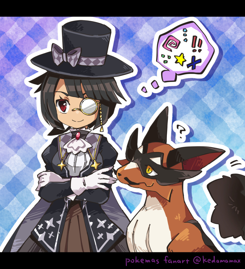 1girl, ?, ascot, black_hair, black_headwear, blunt_bangs, bow, chain