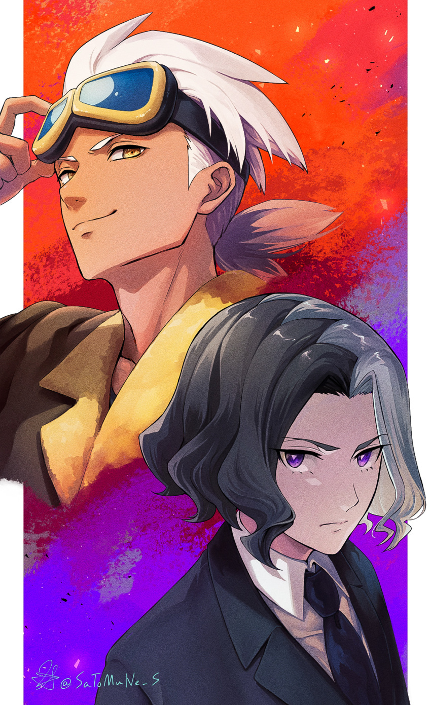 2boys, amethio_(pokemon), black_hair, black_jacket, bright_pupils, brown_jacket, closed_mouth, collared_shirt