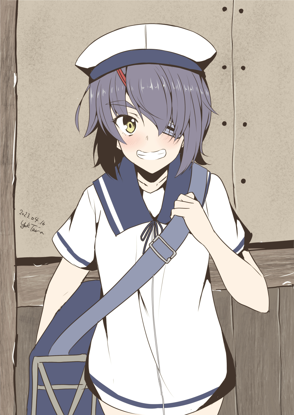 1girl, aged_down, bag, blue_sailor_collar, commentary_request, cosplay, cowboy_shot, dress