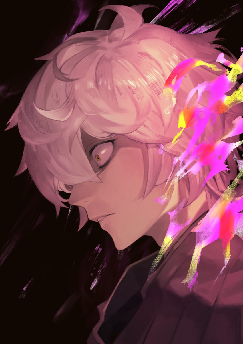 1boy, absurdres, black_background, black_shirt, commentary_request, from_side, gabimaru, hair_between_eyes
