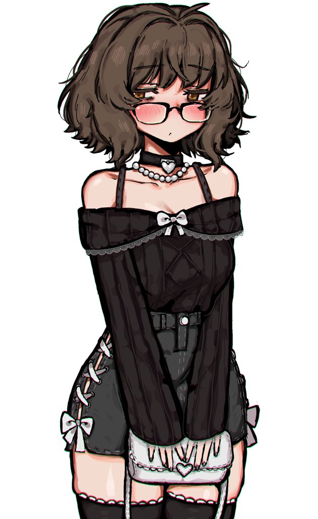 1girl, ahoge, aki_(snale), bag, bare_shoulders, black-framed_eyewear, black_choker, black_nails