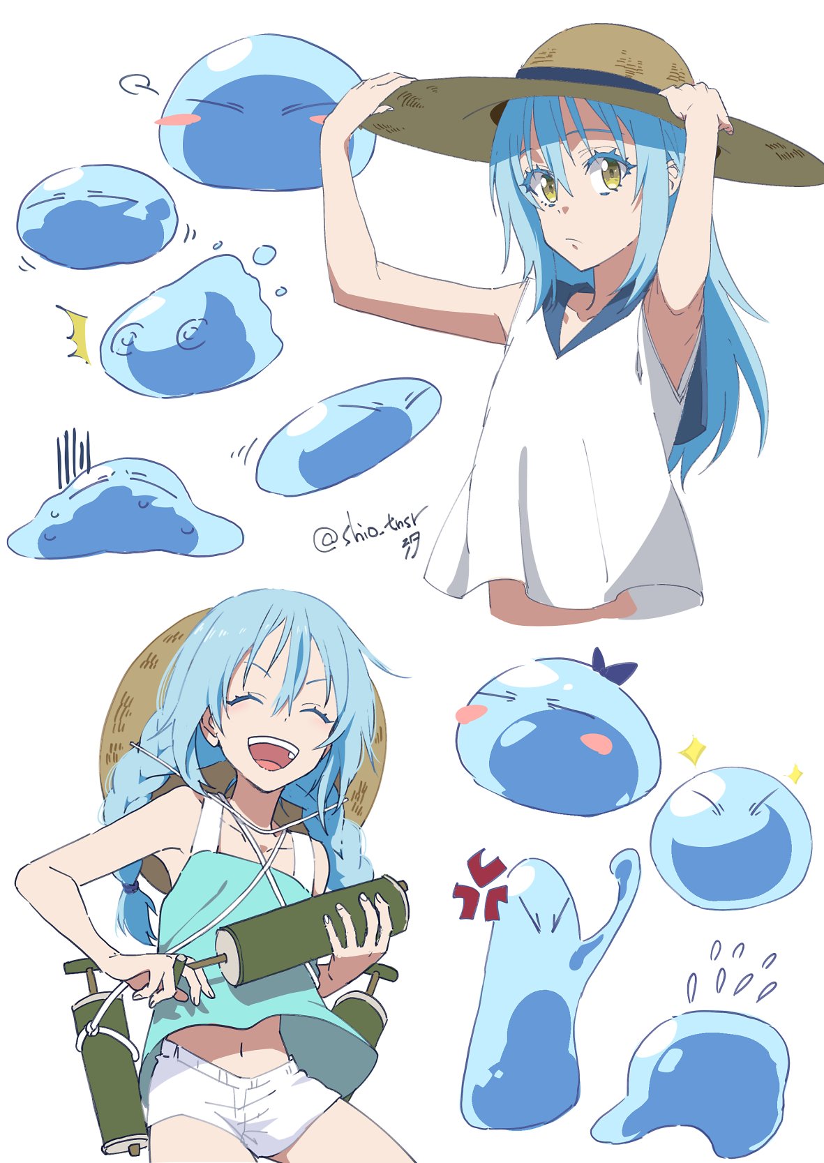 1other, artist_name, blue_hair, hair_between_eyes, hat, highres, long_hair, multiple_views, open_mouth, rimuru_tempest, shio_tnsr, shirt, shorts, slime_(creature), smile, straight_hair, tensei_shitara_slime_datta_ken, twintails, yellow_eyes