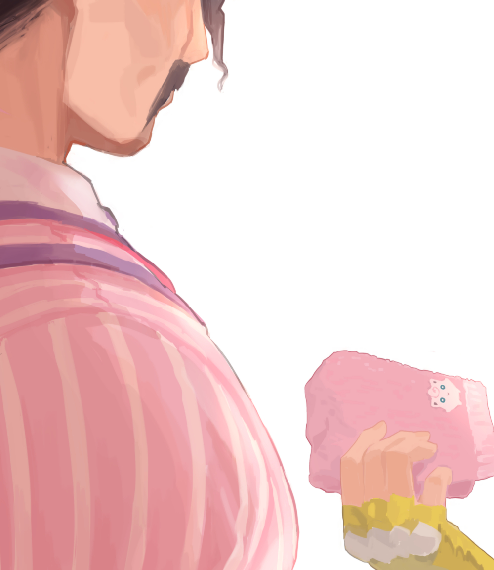 1boy, 1girl, brown_hair, character_print, closed_mouth, commentary_request, facial_hair, fingerless_gloves