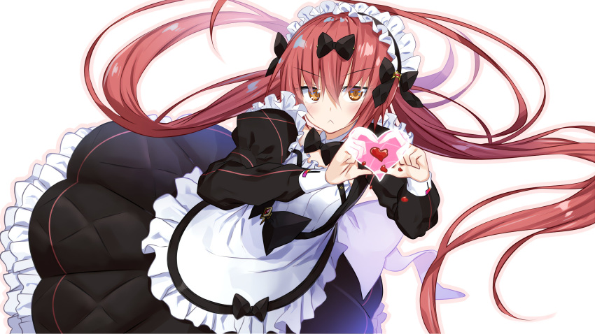 1girl, :<, absurdres, apron, black_bow, black_bowtie, black_ribbon, black_skirt, blush, bow, bowtie, breasts, cocoa_(nikke), frills, goddess_of_victory:_nikke, hair_between_eyes, hair_bow, hair_ornament, hair_ribbon, heart, heart_hands, highres, juliet_sleeves, lolita_fashion, long_hair, long_sleeves, maid, maid_apron, maid_headdress, multiple_hair_bows, nakama_daichi, orange_outline, outline, petticoat, puffy_sleeves, redhead, ribbon, sidelocks, simple_background, skirt, small_breasts, solo, twintails, white_background, yellow_eyes
