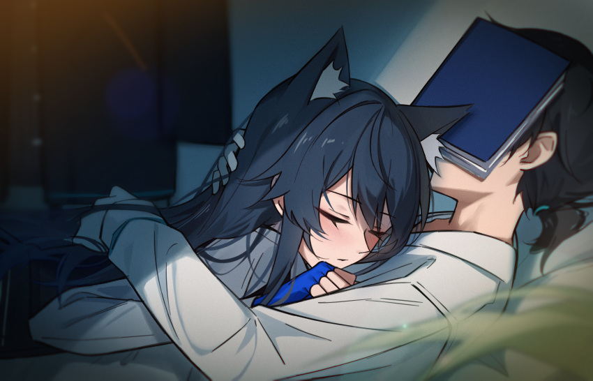 1boy, 1girl, animal_ears, arknights, bed, black_coat, black_hair, blue_gloves