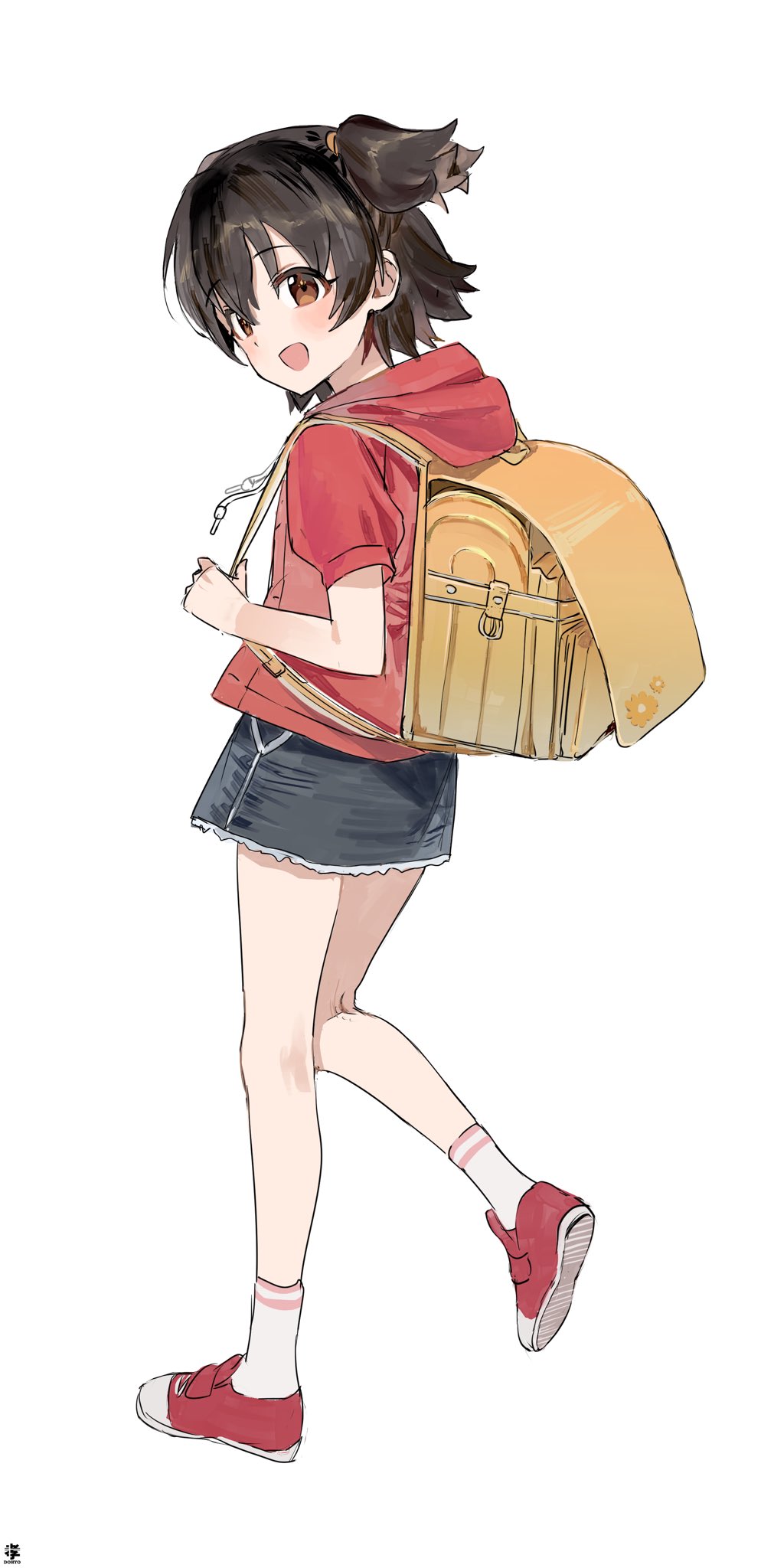1girl, akagi_miria, backpack, bag, black_hair, black_skirt, blush, brown_eyes