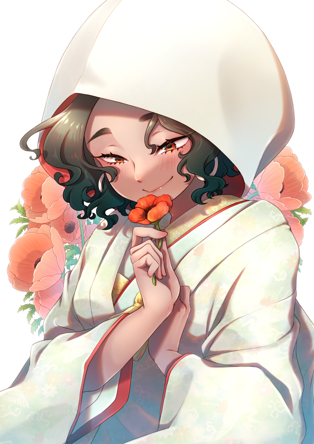 1girl, blush, closed_mouth, commentary_request, commission, facing_viewer, flower, grey_hair