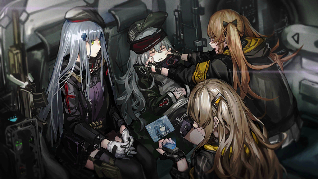 404_(girls'_frontline), 404_logo_(girls'_frontline), 4girls, armband, artist_request, assault_rifle, beret, black_jacket
