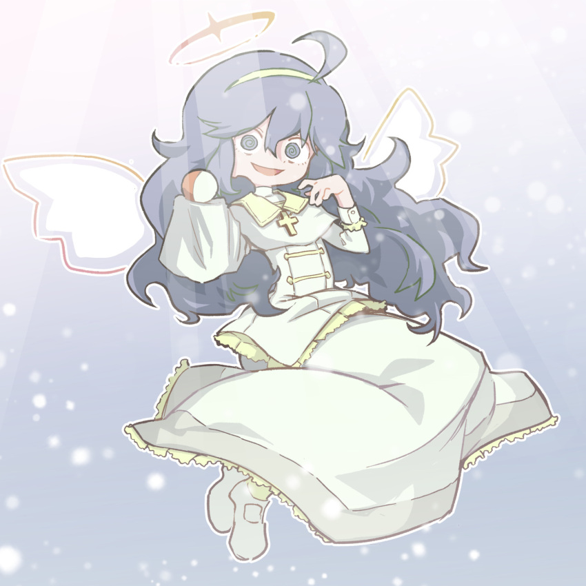 1girl, @_@, ahoge, blue_background, capelet, commentary, cross, cross_necklace