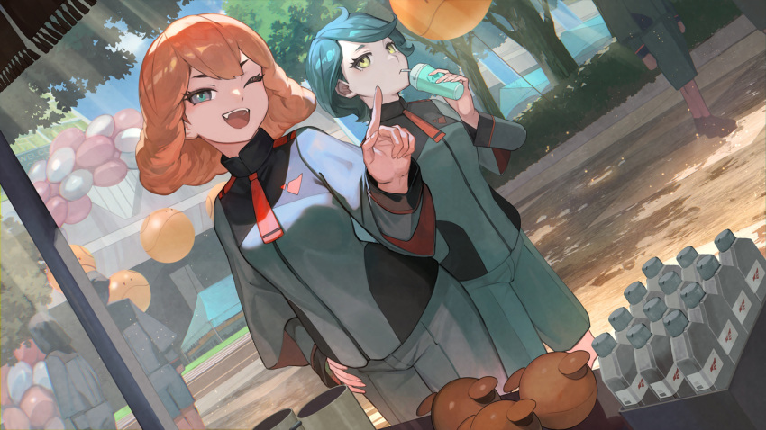 2girls, asticassia_school_uniform, balloon, blue_eyes, blue_hair, bottle, cup, day