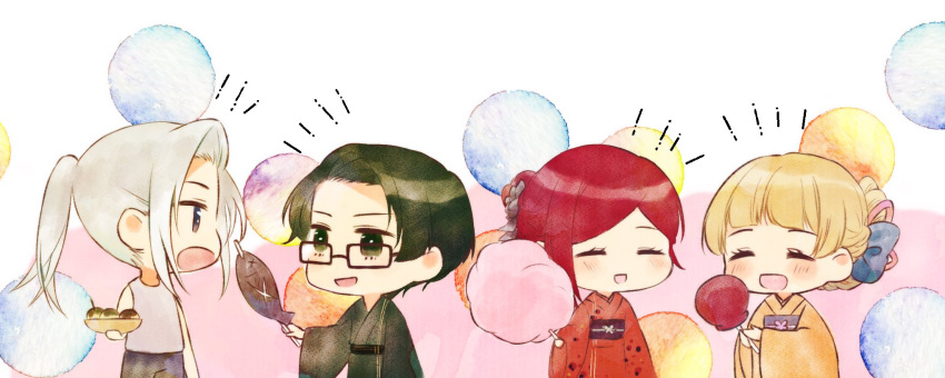 2boys, 2girls, ^_^, arthur_beresford, balloon, blonde_hair, blunt_bangs, blush