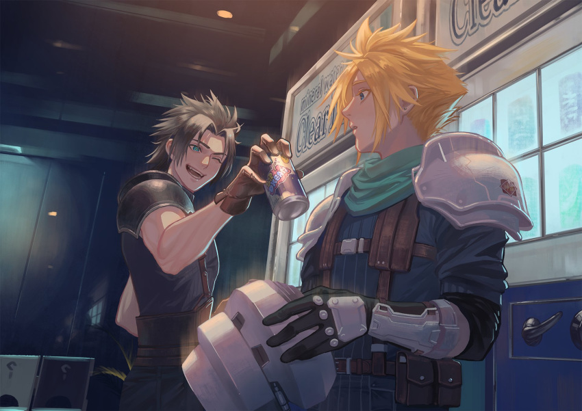 2boys, armor, black_gloves, black_hair, blonde_hair, blue_eyes, brown_gloves, can