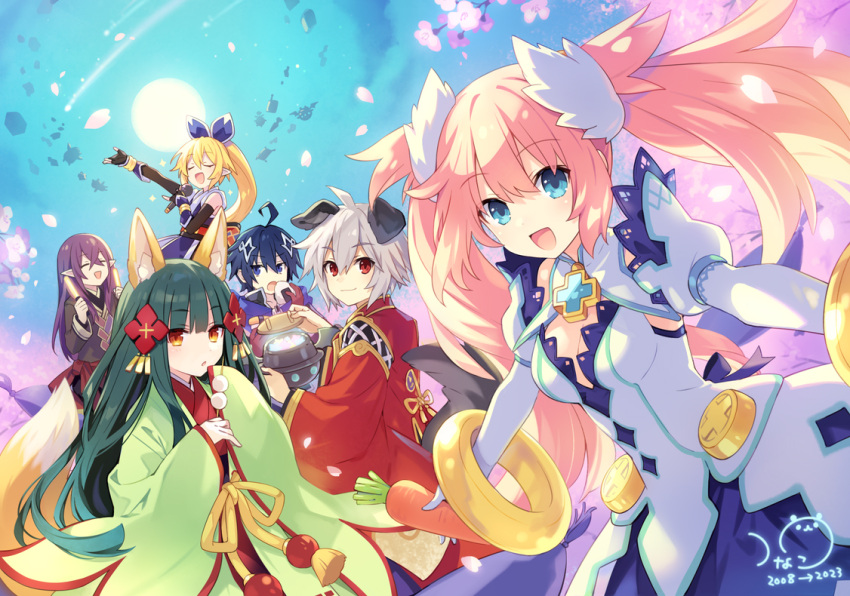 3boys, 3girls, ahoge, animal_ears, blonde_hair, blue_eyes, carrot, cherry_blossoms, closed_eyes, dog_boy, dog_ears, dog_tail, fox_girl, fox_tail, green_hair, hair_between_eyes, holding, holding_carrot, holding_microphone, japanese_clothes, kanata_(trinity_universe), long_hair, long_sleeves, looking_at_viewer, lucius_(trinity_universe), microphone, mizuki_(trinity_universe), multiple_boys, multiple_girls, open_mouth, petals, purple_hair, red_eyes, rizelia_(trinity_universe), smile, suzaku_(trinity_universe), tail, trinity_universe, tsubaki_(trinity_universe), tsunako, twintails, yellow_eyes