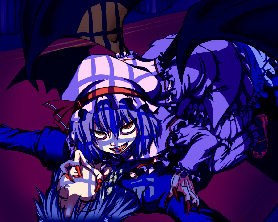 bat_wings, blue_hair, braid, galerie, hat, izayoi_sakuya, multiple_girls, red_eyes
