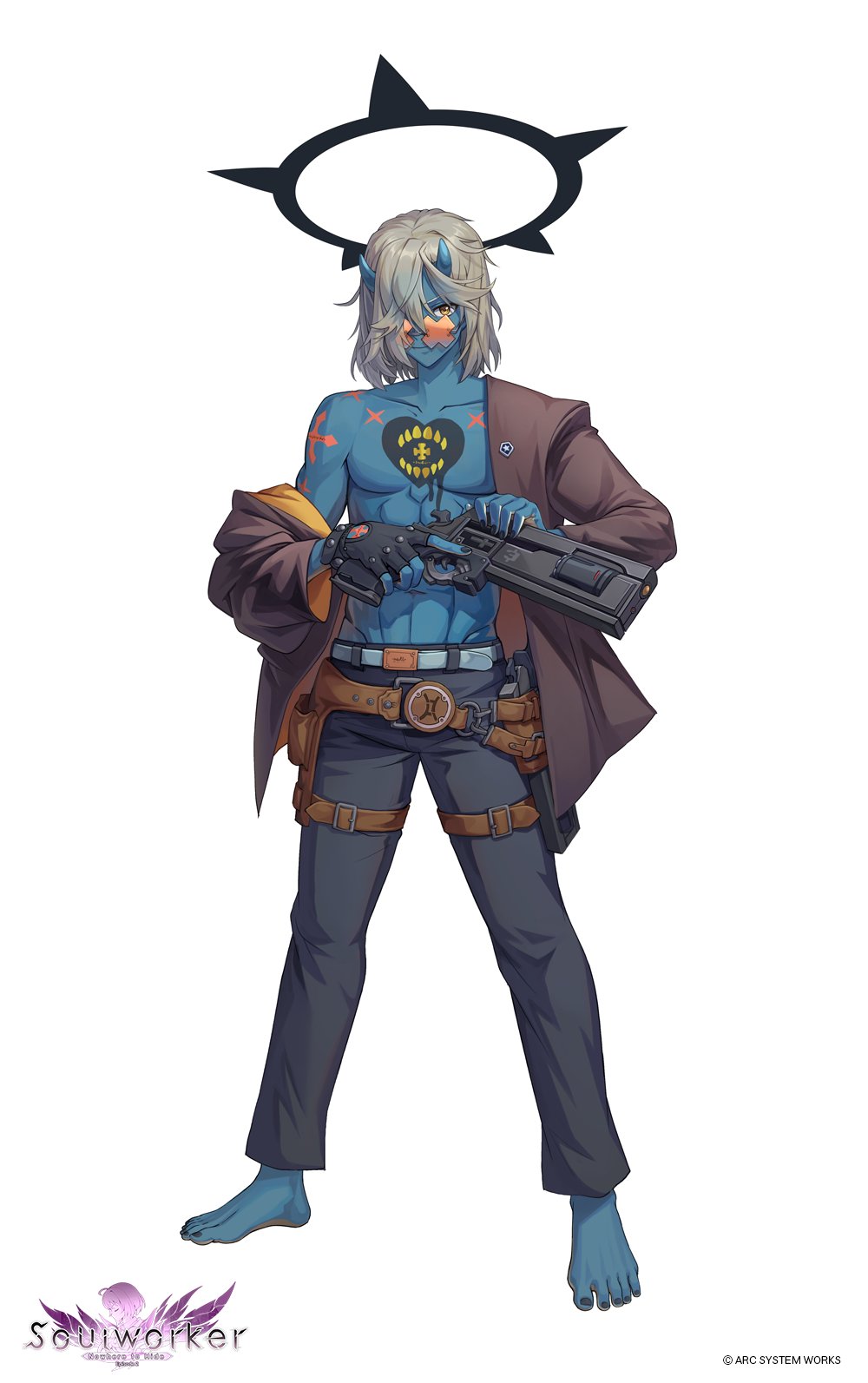 1boy, abs, arc_system_works, asymmetrical_gloves, black_gloves, black_pants, blue_gloves, blue_horns