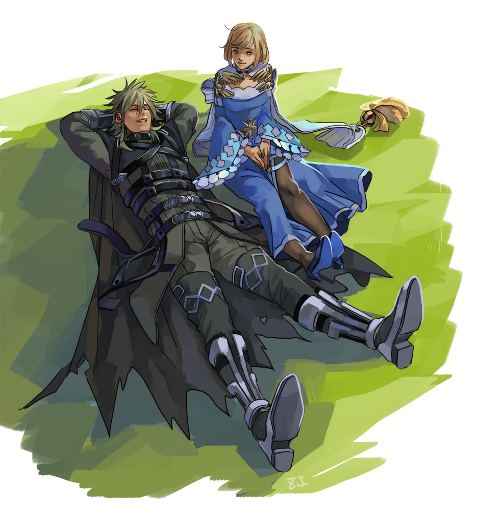 1boy, 1girl, armored_boots, belt, black_belt, black_choker, blonde_hair, blue_dress, blue_footwear, boots, breasts, brown_cloak, brown_pantyhose, cardinal_(ragnarok_online), chest_harness, chinese_commentary, choker, cloak, closed_mouth, coat, commentary_request, cross, cross_choker, dated_commentary, dress, frilled_sleeves, frills, full_body, gauntlets, green_eyes, green_hair, grey_coat, grey_pants, grin, hair_between_eyes, harness, high_heels, long_bangs, long_sleeves, looking_at_another, lying, medium_bangs, medium_breasts, medium_hair, on_back, on_ground, own_hands_together, pants, pantyhose, ragnarok_online, shadow_cross_(ragnarok_online), short_hair, side_slit, signature, sitting, smile, wide_sleeves, z.i