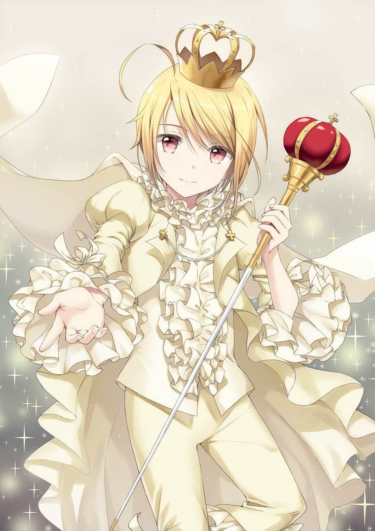 1boy, ahoge, blonde_hair, cape, closed_mouth, coat, crown, formal
