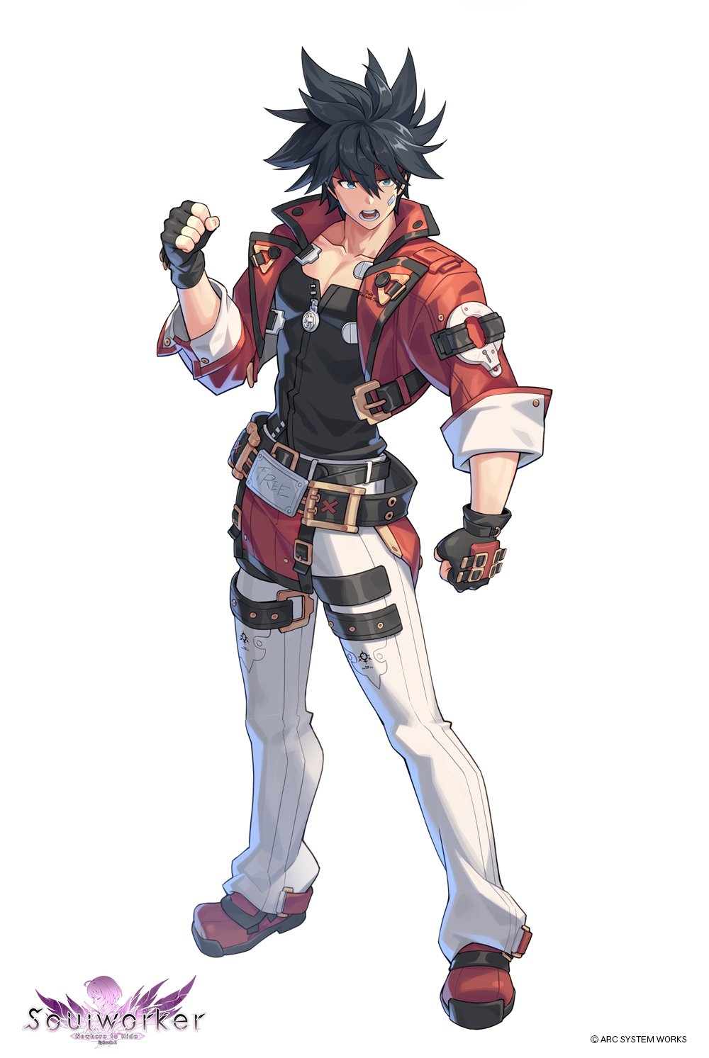 1boy, arc_system_works, black_gloves, black_hair, blue_eyes, cosplay, covered_abs, fingerless_gloves