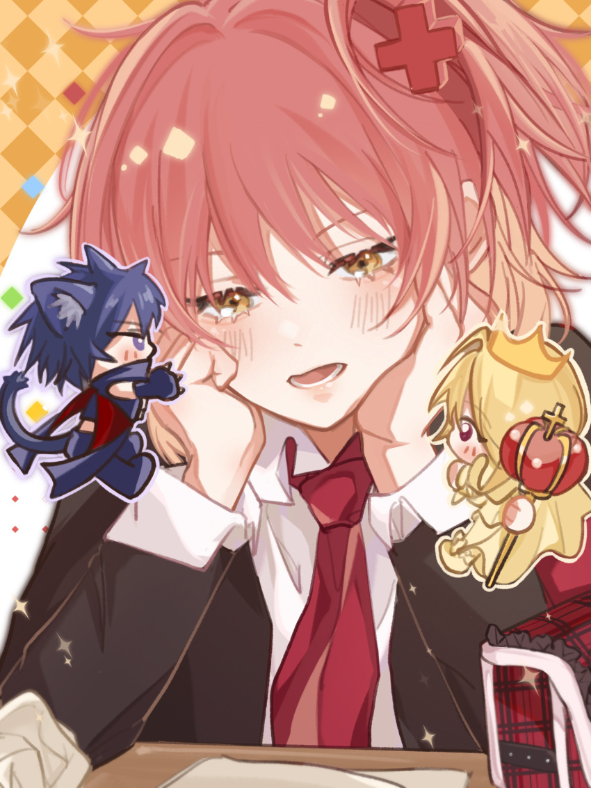 1girl, 2boys, 309425413, animal_ears, black_lynx, blonde_hair, blush, cat_boy