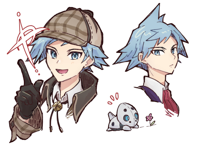 aron, blue_eyes, blue_hair, blue_sclera, colored_sclera, flower, haru1suama, index_finger_raised