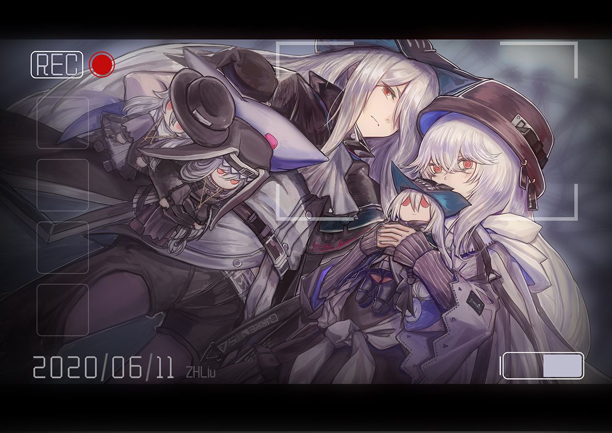 2girls, @_@, arknights, artist_name, battery_indicator, belt, belt_buckle, black_belt