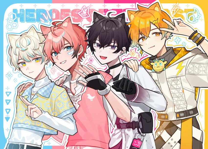 4boys, ahoge, akagi_wen, animal_ears, bandaid, bandaid_on_cheek, bandaid_on_face, black_choker, black_gloves, black_hair, blonde_hair, blue_eyes, bracelet, cat_boy, cat_ears, choker, gloves, hibachi_mana, jewelry, male_focus, multicolored_eyes, multicolored_hair, multiple_boys, nijisanji, orange_eyes, pink_hair, pink_sweater_vest, saiki_ittetsu, streaked_hair, sweater_vest, turtleneck, usami_rito, v, violet_eyes, virtual_youtuber, waka_(wk4444)