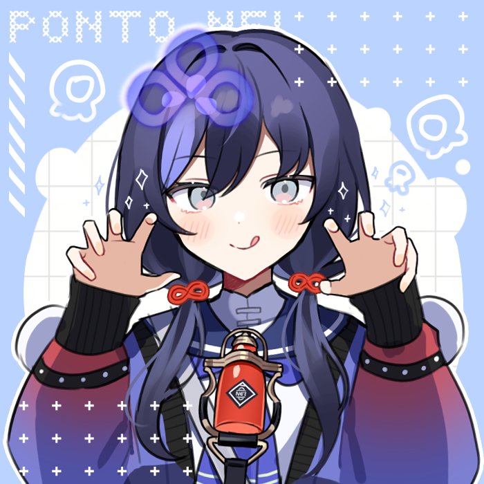 1girl, :q, black_hair, blue_eyes, blue_sailor_collar, blush, dress, gradient_jacket