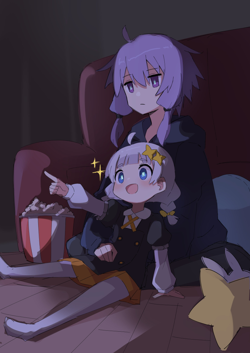 2girls, a.i._voice, absurdres, ahoge, arm_around_waist, behind_another, black_dress, black_hoodie