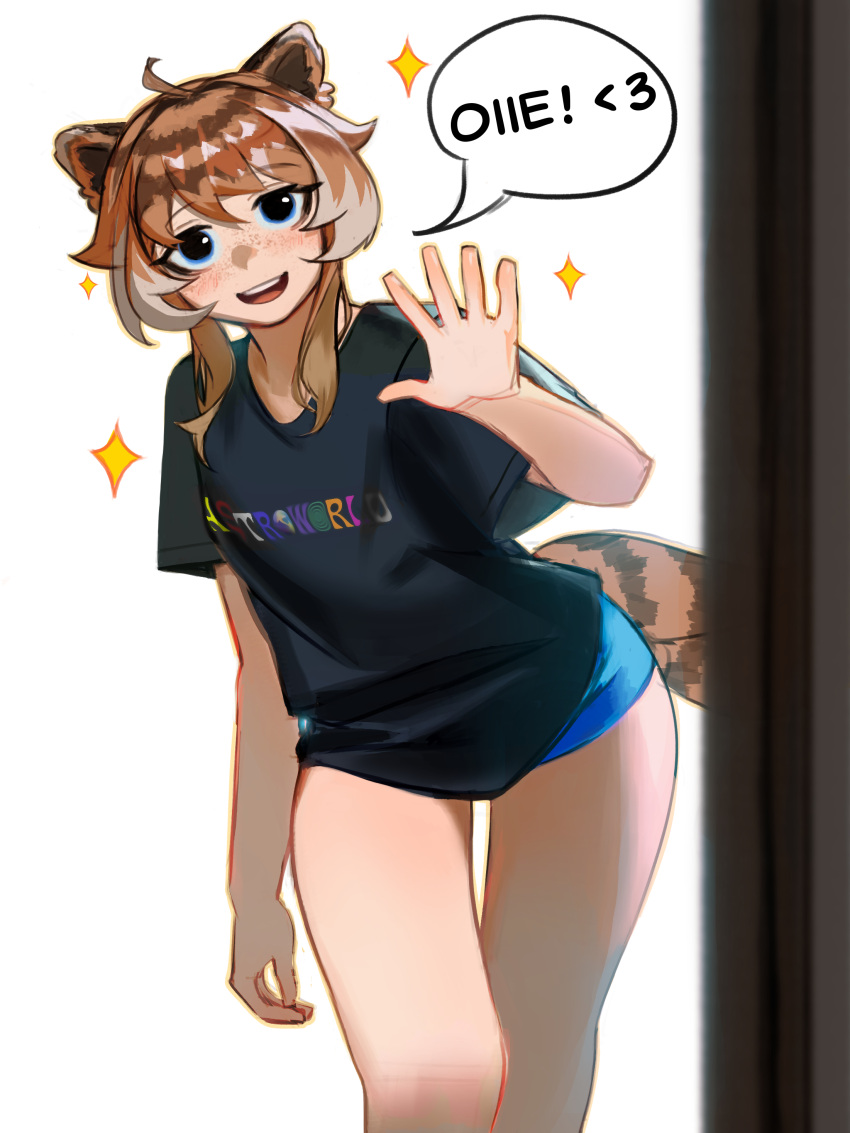 1girl, absurdres, ahoge, animal_ears, black_shirt, blue_eyes, blue_shorts, blueisalanguage