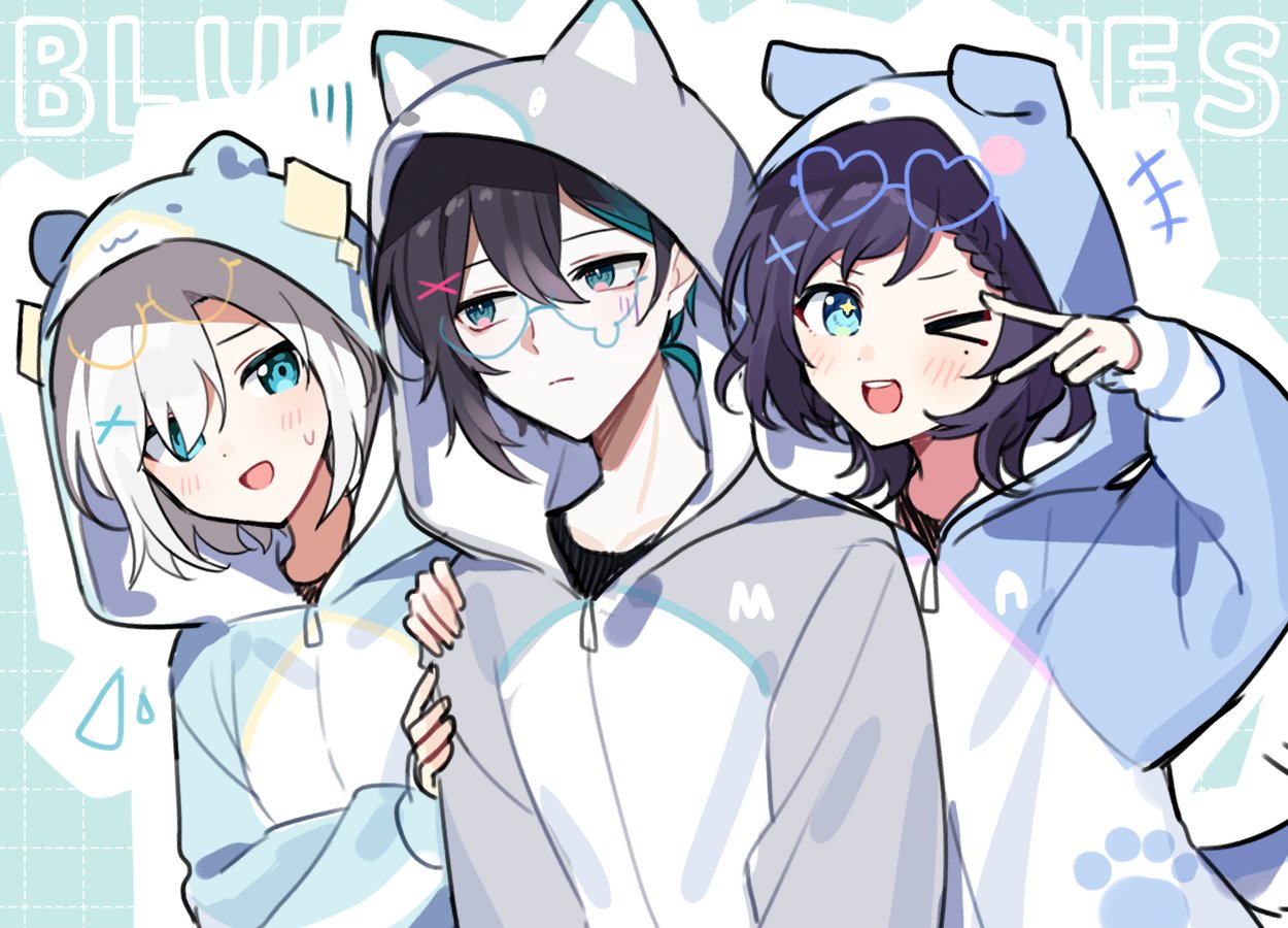 1boy, 2girls, aiba_uiha, animal_hood, ars_almal, black_hair, blue_eyes, blue_hair, blues_(nijisanji), blush, cat_hood, dog_hood, drawn_eyewear, grey_hair, hair_ornament, hair_over_one_eye, hamster_hood, hood, mayuzumi_kai, mole, mole_under_eye, multicolored_hair, multiple_girls, nijisanji, purple_hair, short_hair, streaked_hair, virtual_youtuber, waka_(wk4444), x_hair_ornament