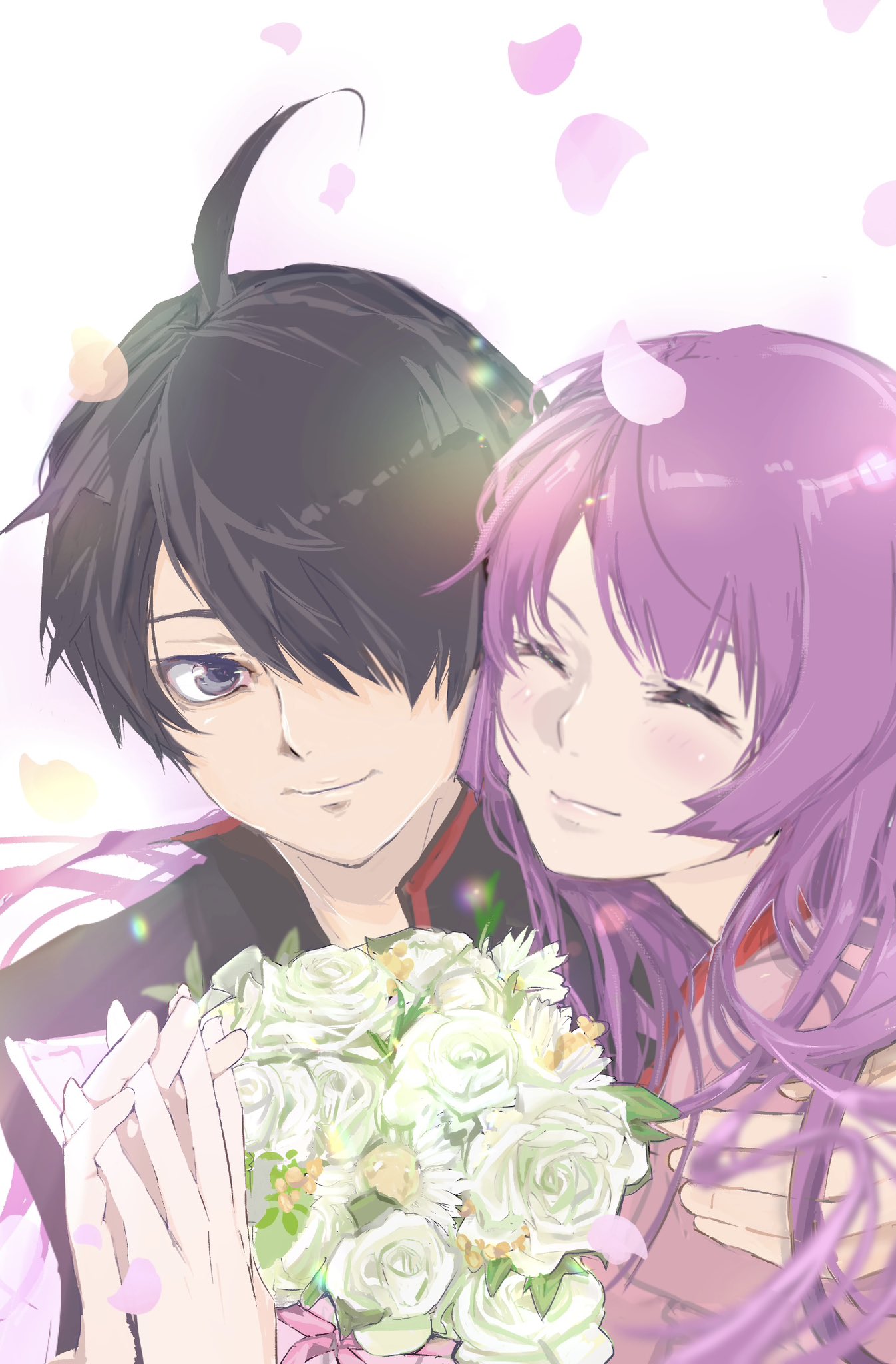 1boy, 1girl, ahoge, araragi_koyomi, bakemonogatari, black_hair, black_shirt, blush