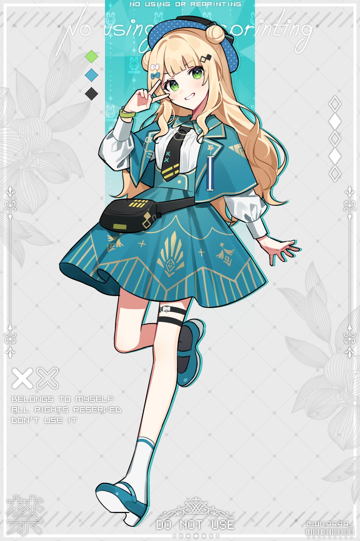 1girl, black_necktie, blonde_hair, blunt_bangs, bow, bracelet, capelet, double_bun, full_body, green_capelet, green_eyes, green_skirt, grin, hair_bow, hair_bun, hat, highres, jewelry, kaburaki_roco, long_hair, long_sleeves, necktie, nijisanji, puffy_long_sleeves, puffy_sleeves, skirt, smile, socks, solo, two_side_up, v_over_eye, virtual_youtuber, waka_(wk4444)