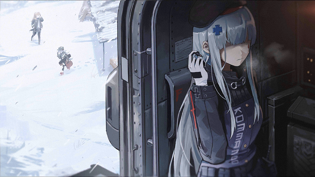 3girls, 404_(girls'_frontline), artist_request, beret, black_gloves, black_jacket, blunt_bangs, breasts