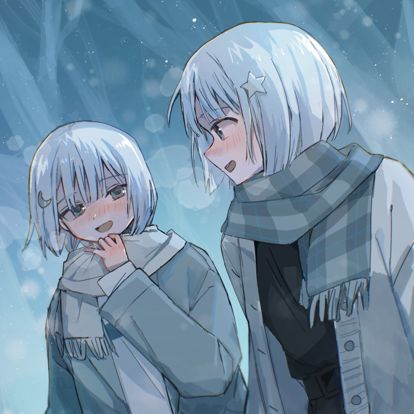 2girls, adjusting_scarf, belt, black_belt, black_shirt, blue_scarf, blush, bob_cut, cardigan, coat, coeiroink, commentary_request, crescent, crescent_hair_ornament, dutch_angle, eye_contact, grey_cardigan, grey_coat, grey_eyes, grey_hair, grey_scarf, hair_ornament, highres, long_sleeves, looking_at_another, looking_back, multicolored_clothes, multicolored_scarf, multiple_girls, nako_(coeiroink), nose_blush, open_cardigan, open_clothes, open_coat, open_mouth, outdoors, plaid, plaid_scarf, profile, reco_(coeiroink), sayonaka_megumo, scarf, shirt, short_hair, siblings, sideways_glance, smile, star_(symbol), star_hair_ornament, tree, twins, upper_body, white_scarf, white_shirt, winter_clothes