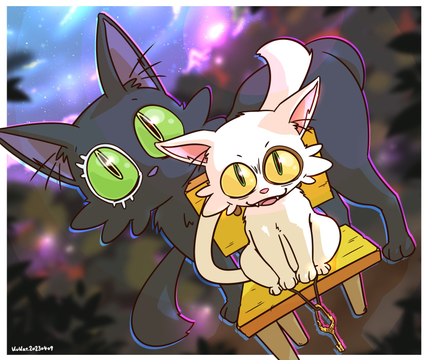 2023, absurdres, black_cat, cat, chair, colored_sclera, daijin_(suzume), dated