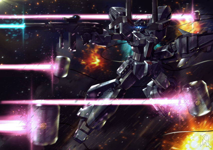 arm_shield, artist_logo, assault_visor, beam_machinegun, bit_(gundam), explosion, firing, gun
