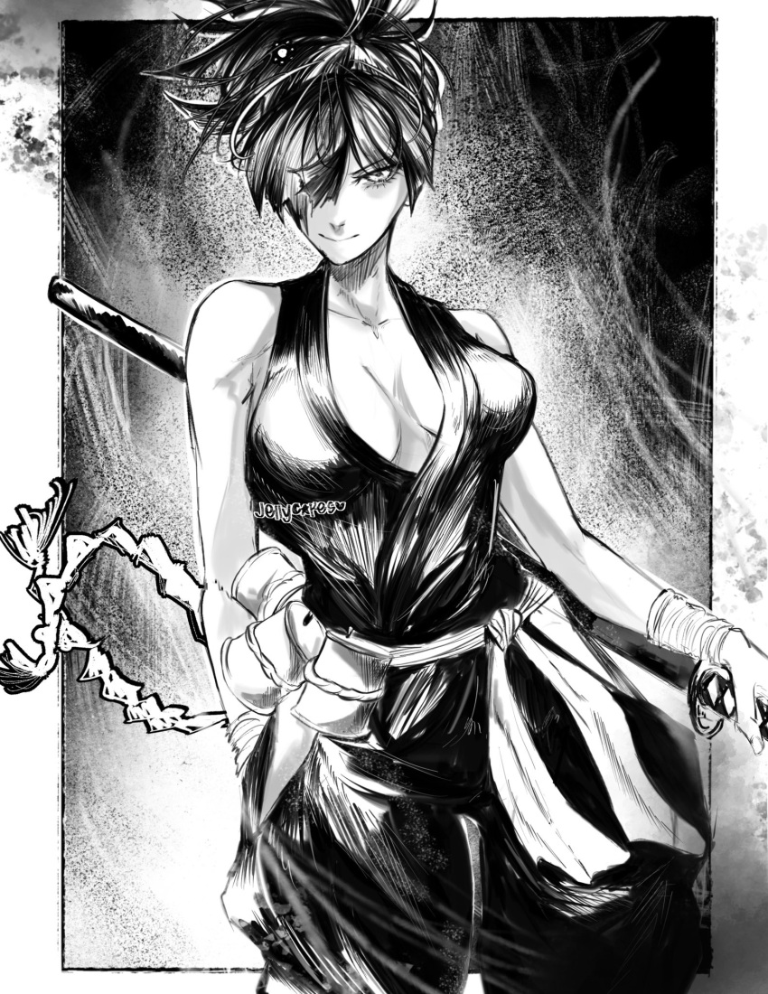 1girl, artist_name, black_hair, black_robe, greyscale, hair_over_one_eye, highres, holding