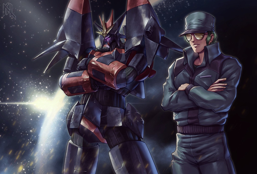 1980s_(style), 1boy, artist_logo, black_headwear, black_jacket, black_pants, closed_mouth, commentary, cowboy_shot, crossed_arms, english_commentary, glowing, glowing_eye, green_hair, gunbuster, gunbuster_pose, highres, jacket, mecha, one-eyed, oota_kouichirou, pants, porukima, retro_artstyle, robot, science_fiction, space, star_(sky), sun, sunglasses, tinted_eyewear, top_wo_nerae!, violet_eyes, yellow-tinted_eyewear