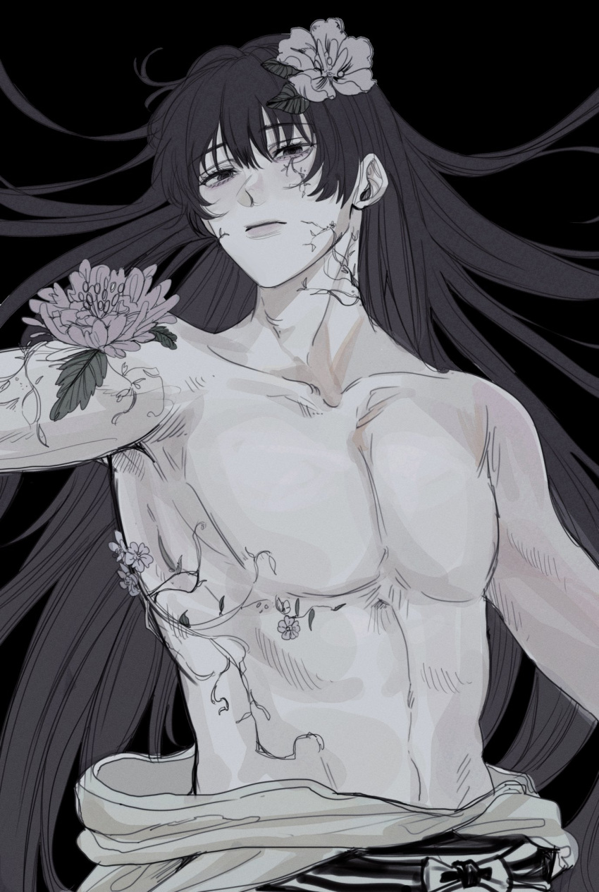 1boy, aoiaoi_26, arborification, aza_touma, black_background, black_hair, collarbone, highres, jigokuraku, long_hair, looking_at_viewer, looking_to_the_side, simple_background, solo, topless_male