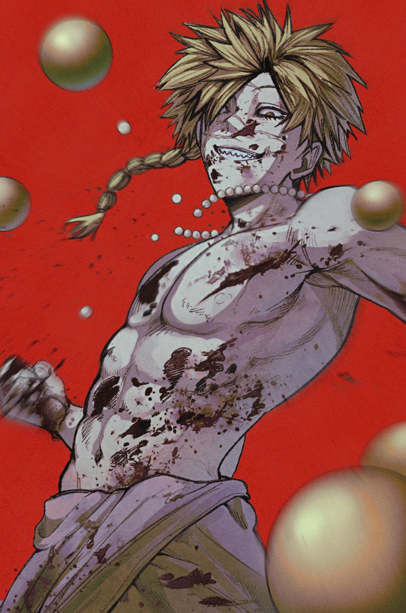 1boy, aoiaoi_26, aza_choubei, beads, blonde_hair, blood, blood_on_face, blood_on_hands