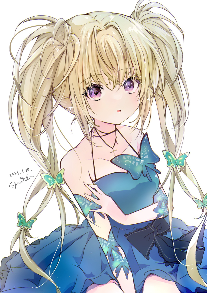 1girl, 2023, absurdres, blonde_hair, blue_butterfly, blue_dress, bug, butterfly