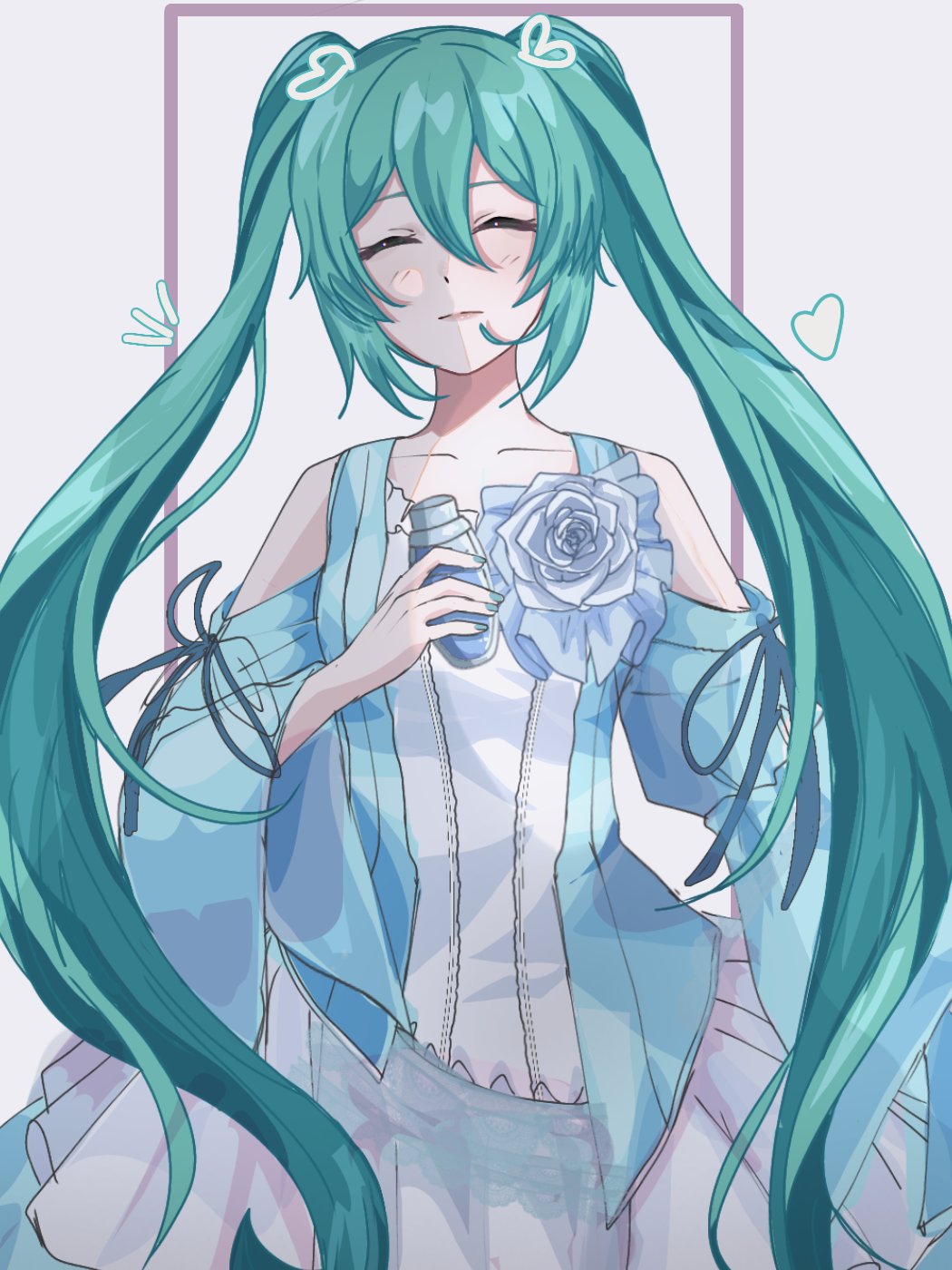 1girl, aqua_hair, bare_shoulders, blue_dress, blue_nails, bottle, closed_eyes, closed_mouth