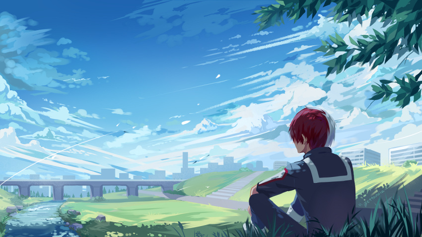 1boy, ankle_boots, artist_name, blue_sky, blue_track_suit, boku_no_hero_academia, boots, branch