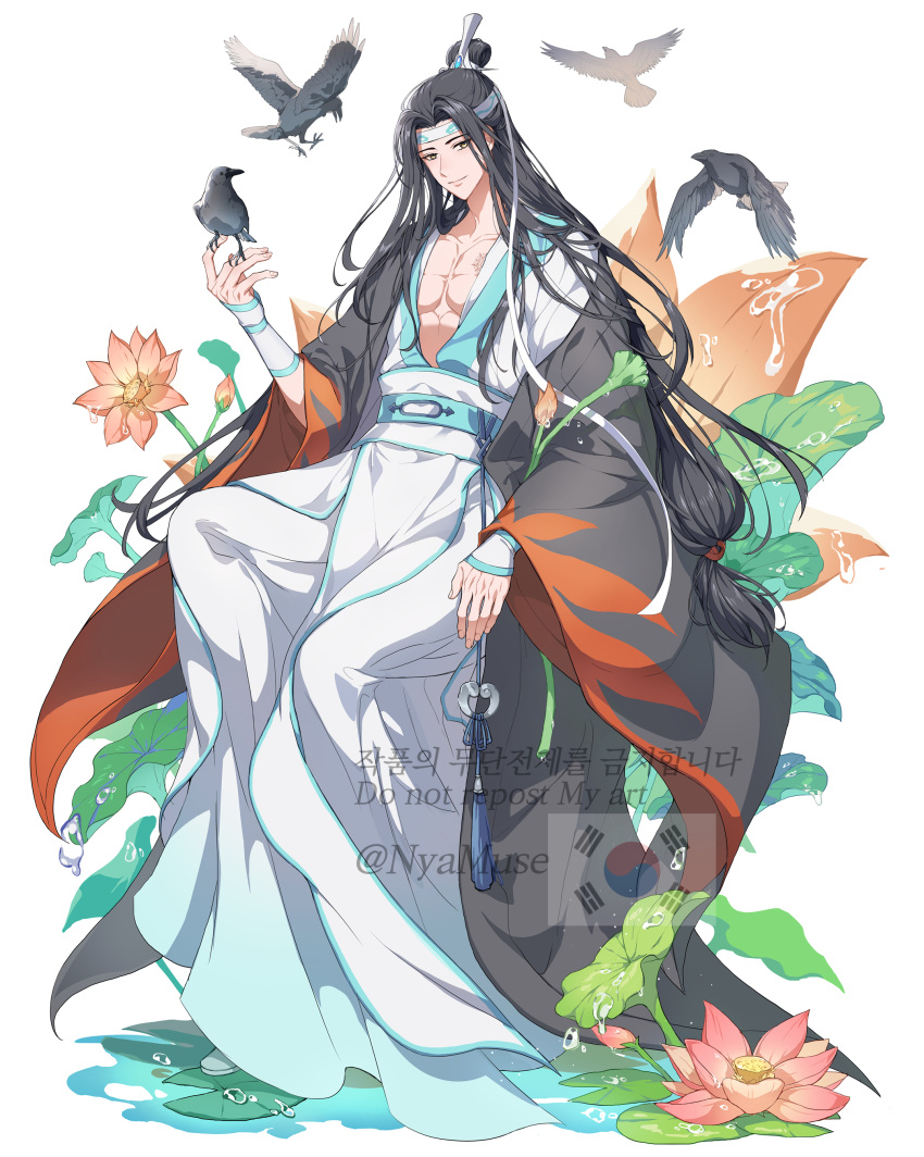 1boy, absurdres, artist_name, bird, bird_on_hand, bishounen, black_hair, black_robe