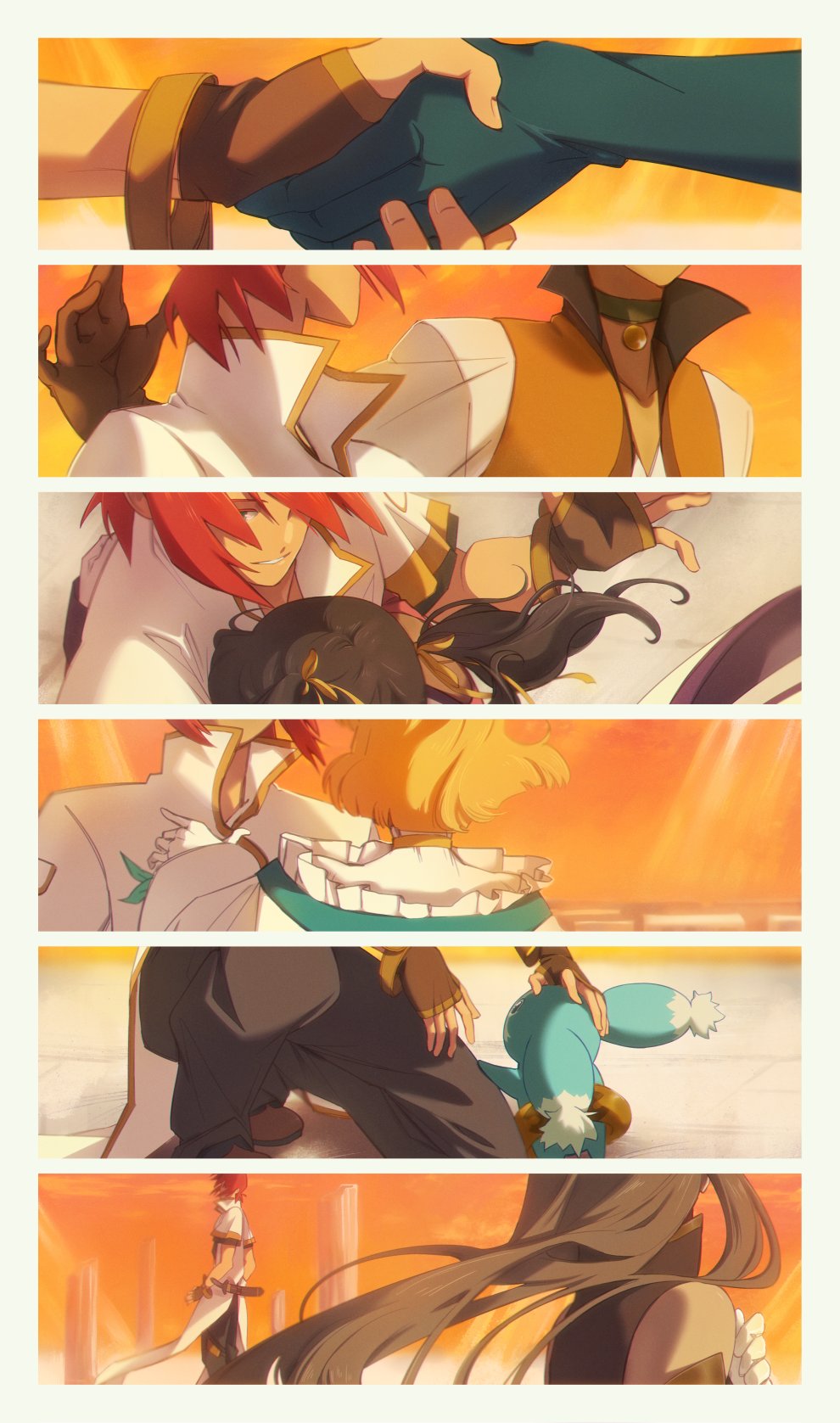 3boys, 3girls, anise_tatlin, bare_shoulders, black_hair, black_pants, blonde_hair, blue_gloves