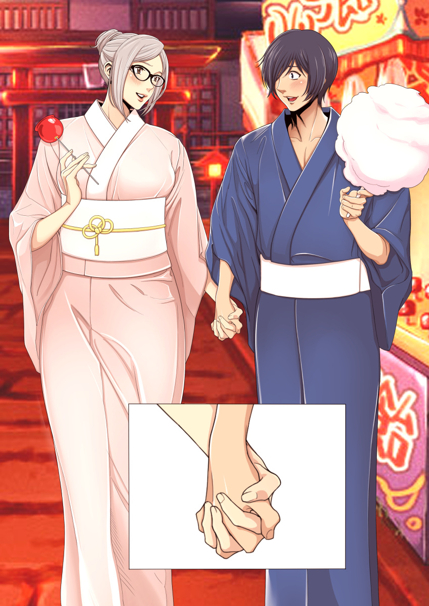 1boy, 1girl, absurdres, blue_hair, blush, cotton_candy, dark_blue_hair, fujino_kiyoshi