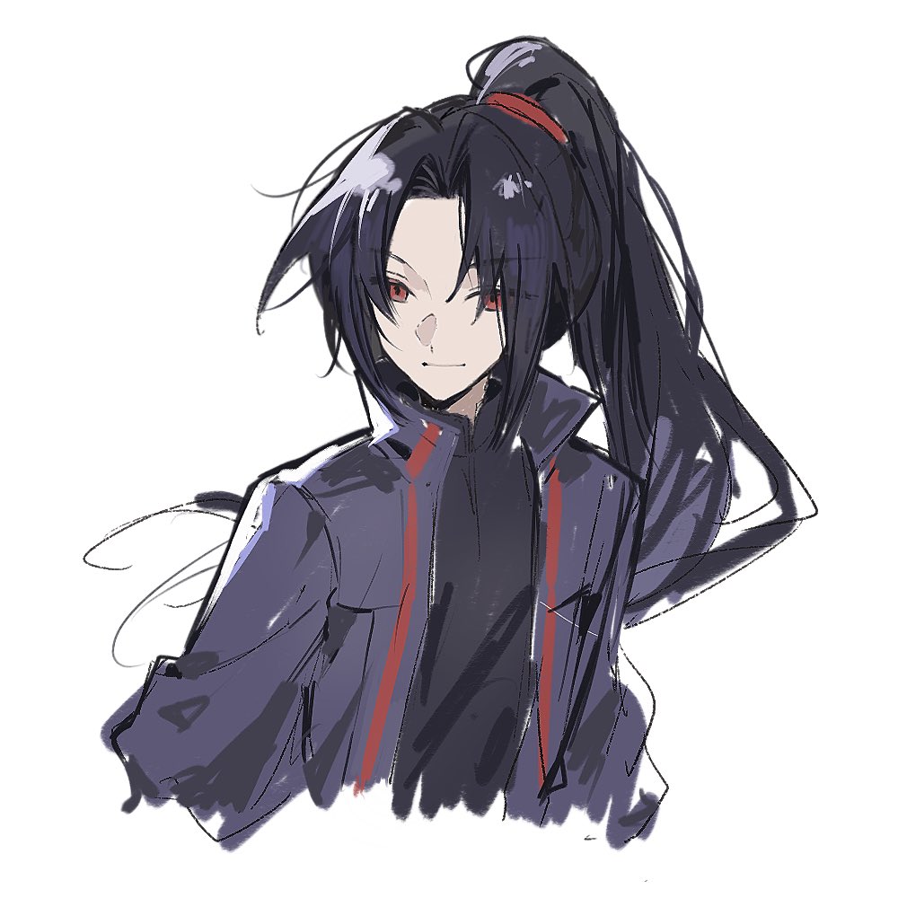 1boy, anna_(anaya001122), black_hair, black_shirt, closed_mouth, grey_jacket, jacket, jia_huan_(limbus_company), limbus_company, long_hair, long_sleeves, male_focus, open_clothes, open_jacket, parted_bangs, ponytail, project_moon, red_eyes, shirt, simple_background, sketch, smile, solo, upper_body, white_background