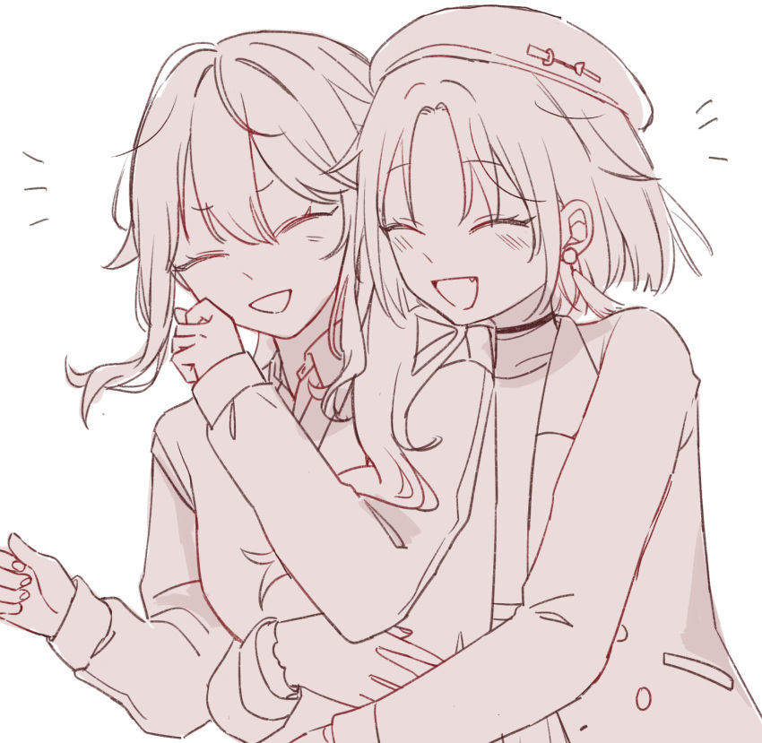 2girls, :d, ^_^, beret, blush, closed_eyes, collared_shirt, copyright_request