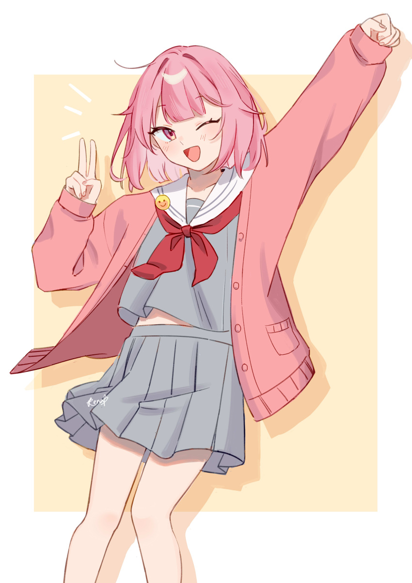 1girl, ;d, absurdres, arm_up, blush_stickers, brown_background, cardigan, feet_out_of_frame