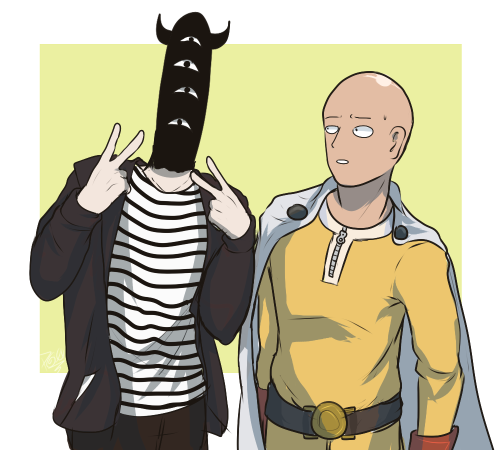 2boys, bald, belt, bodysuit, cape, crossover, double_v, extra_eyes